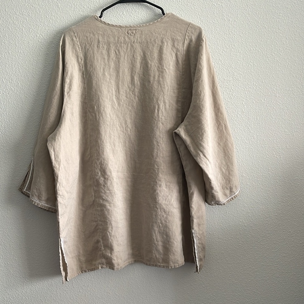 Symple NYC Tan Linen Sequined Embroidered 3/4 Sleeve Blouse Top - Picture 2 of 7